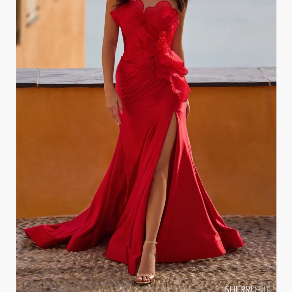 Sherri Hill Red Strapless Mermaid Prom Dress with Floral Applique